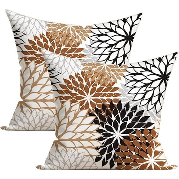 Brown and Black Grey Dahlia Throw Pillow Covers 20x20 Inch Coffee Tan Gray Outdoor Geometric Flower Decorative Pillows Cover Set of 2 Spring Summer Farmhouse Pillowcase for Bed Couch Sofa Decor