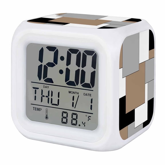 Brown Black Grey Digital Alarm Clock for Bedrooms,Smart LED Alarm Clock with 7 Color Night Light,Middle Century Irregular Geo Abstract Art Silent Wake Up Clocks for Sleep Study Cooking 3.2"x3.2"