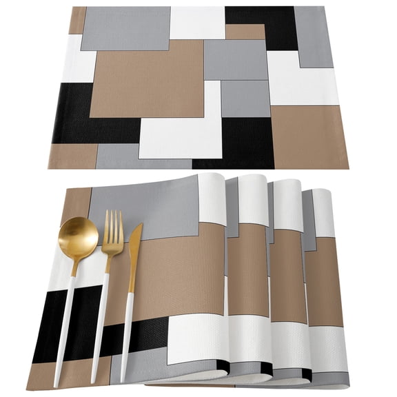 Brown Black Grey Placemats Set of 4, Middle Century Irregular Geo Abstract Art Placemats for Dining Table, Place Mats for Kitchen Tabletop, Waterproof Wipeable Dining Table Mats Set