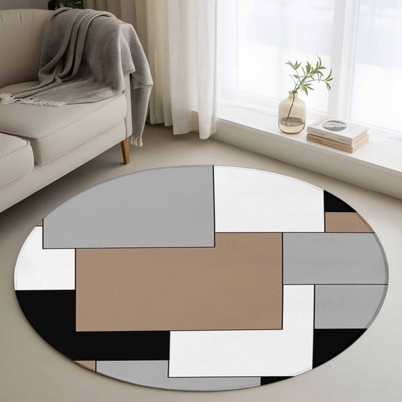 Brown Black Grey Round Area Rug 3.3 FT, Non Slip Small Entryway Kitchen Mat, Middle Century Irregular Geo Abstract Art Washable Soft Circular Rug Non-Shedding Door Mat for Bathroom Playroom Kids Room