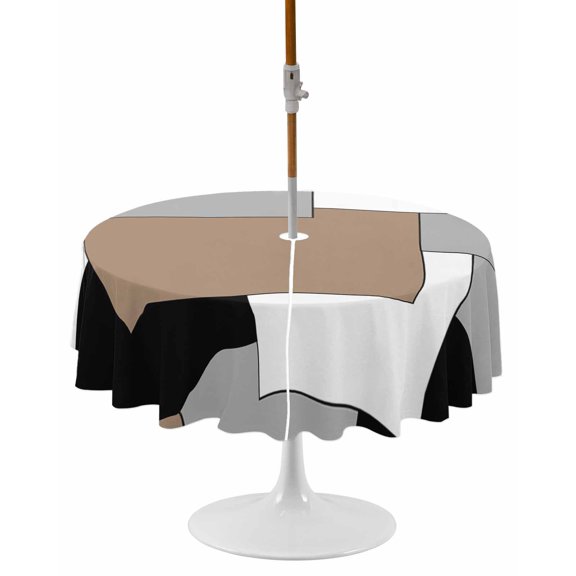 Brown Black Grey Round Outdoor Tablecloth, Waterproof Table Cloth Cover with Umbrella Hole and Zipper, Middle Century Irregular Geo Abstract Art Table Protector for Patio Party Picnic 54" Round