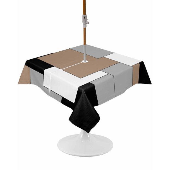 Brown Black Grey Square Outdoor Tablecloth, Waterproof Table Cloth Cover with Umbrella Hole and Zipper, Middle Century Irregular Geo Abstract Art Table Protector for Patio Party Picnic 54"x54"