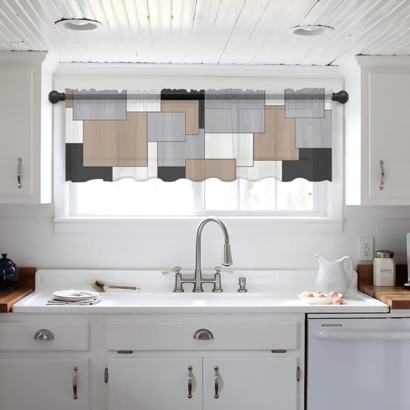 Brown Black Grey Valance Curtains for Kitchen/Living Room/Bathroom/Bedroom Window,Middle Century Irregular Geo Abstract Art Rod Pocket Small Topper Half Short Window Curtains Sheer Scarf 42"x18"