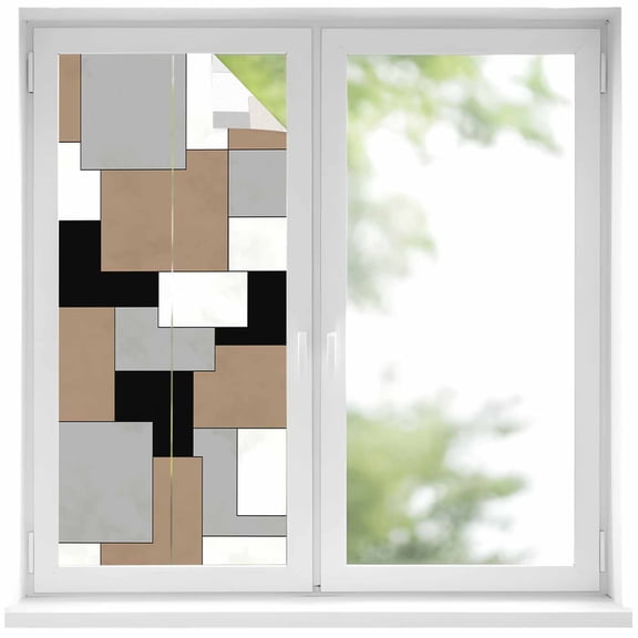 Brown Black Grey Window Privacy Film, Middle Century Irregular Geo Abstract Art Static Cling UV Sun Blocking Heat Control Window Tint, Non-Adhesive One Way Windows Privacy Cover 19.6''x39.3''