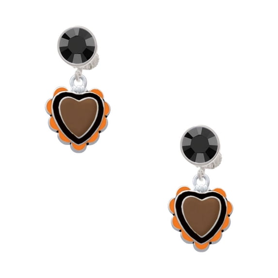 Delight Jewelry Silvertone Brown & Black Heart with Orange Ruffles Black Crystal Clip on Earrings