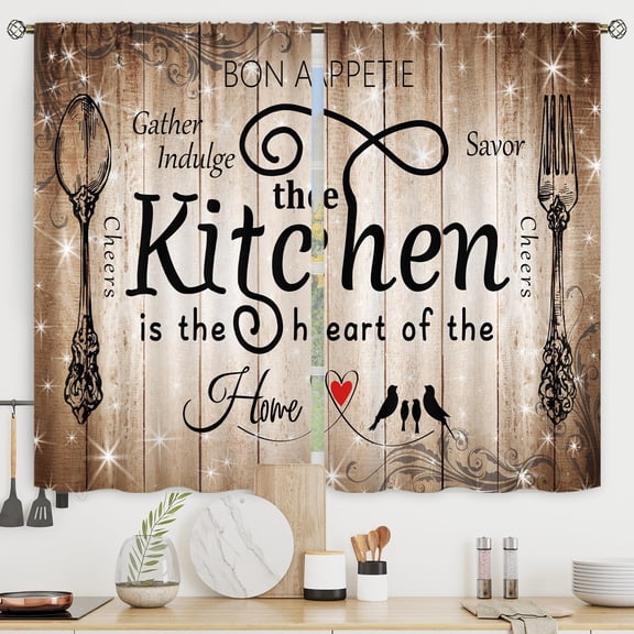 Brown Black Kitchen Curtains Short Small Farmhouse Retro Rustic Country Fork and Spoon Wood Board Vintage Rod Pocket Funny Quotes Bedroom Living Room Treatment Fabric 2 Panels 27.5Wx39H Inch
