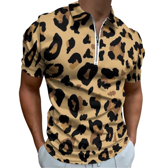 Brown Black Leopard Fur Pattern Men Zipper T-shirt Summer Casual Short Sleeve T-shirt Top