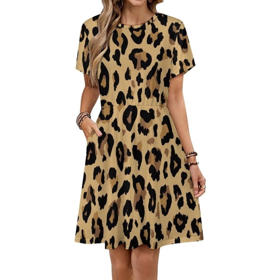 Brown Black Leopard Fur Pattern Women's Dress Short Sleeve Summer Sundress Summer Women Clothes