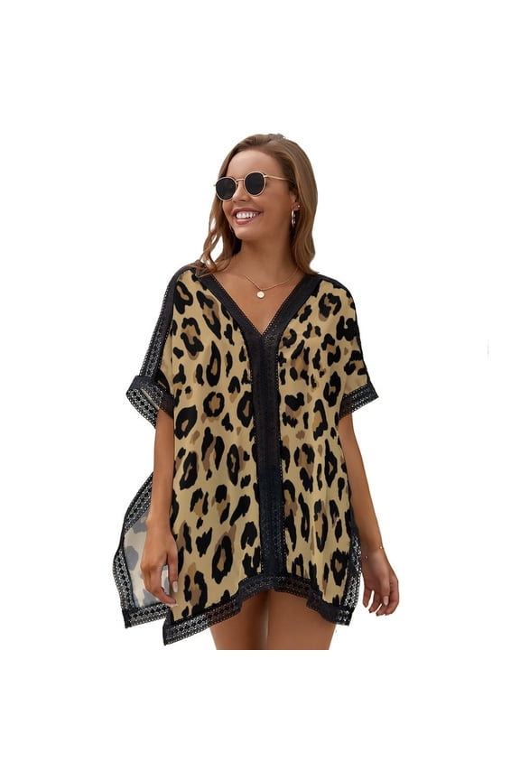Brown Black Leopard Fur Pattern Women's Swimsuit Coverup Summer Beach Cover Up Bathing Suit Dress
