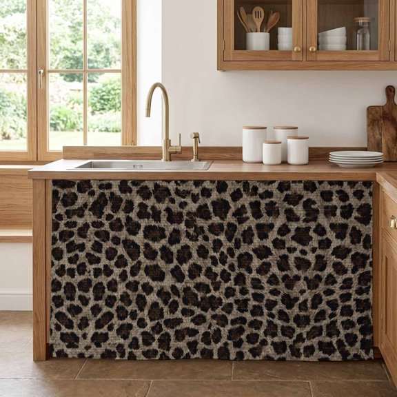 Brown Black Leopard Print Cabinet Curtains for Kitchen 28"W x 51"L, Vintage Animal Pattern Abstract Under Sink Skirt Magic Tape Short Curtain Decorative Privacy Panel for Pantry Cabinet Opening