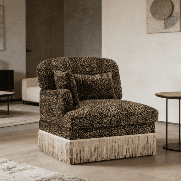 Brown Black Leopard Print Chenille Sofa with Pillows - Modern Animal Print Upholstered Couch for Living Room, Bedroom, Apartment, Lounge, Office