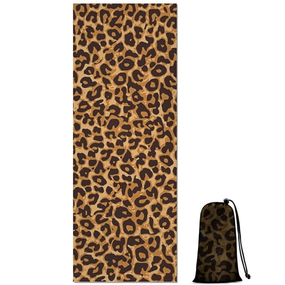 Brown and Black Leopard Print Hot Yoga Mat Towel Non Slip for Hot Yoga - Quick-Drying Yoga Mat Cover with 4 Corner Pockets with Travel Bag - Hot Yoga Towel Non Slip 70"x26"