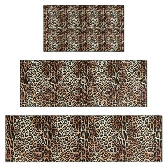 Brown and Black Leopard Print Kitchen Rugs Sets Of 3,Kitchen Runner Rugs Non Skid Washable,Decorative Kitchen Floor Mats for Kitchen,Sink,Laundry,17"x30"+ 17"x47" + 17"x59"