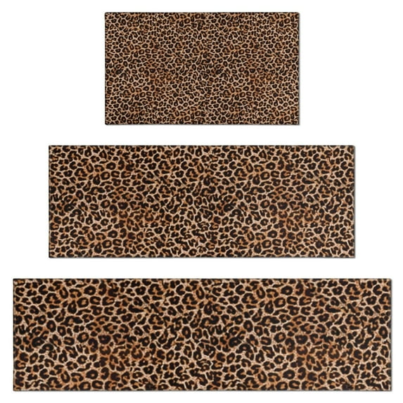 Brown and Black Leopard Print Kitchen Rugs Sets Of 3,Kitchen Runner Rugs Non Skid Washable,Decorative Kitchen Floor Mats for Kitchen,Sink,Laundry,17"x30"+ 17"x47" + 17"x59"