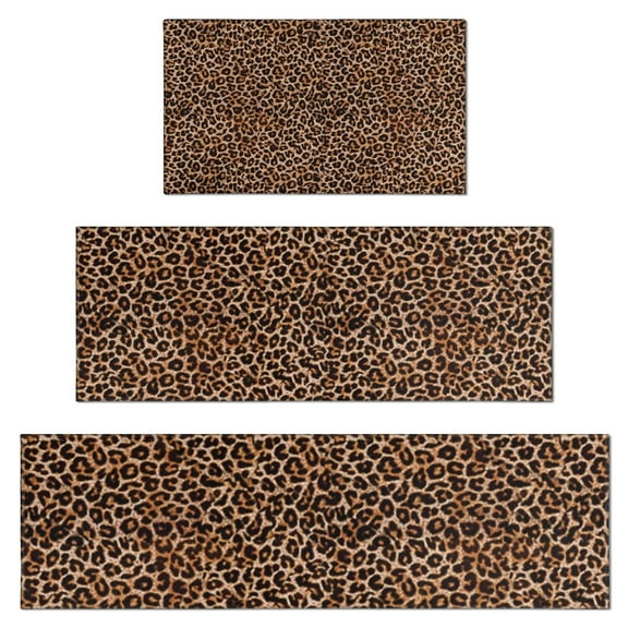 Brown and Black Leopard Print Kitchen Rugs Sets Of 3,Kitchen Runner Rugs Non Skid Washable,Decorative Kitchen Floor Mats for Kitchen,Sink,Laundry,17"x30"+ 17"x47" + 17"x59"
