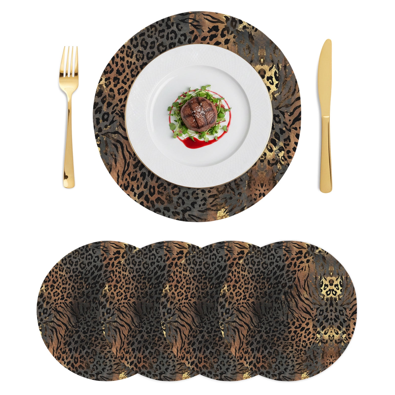 Brown Black Leopard Print Round Placemats Set of 4 Vintage Animals Skin ...