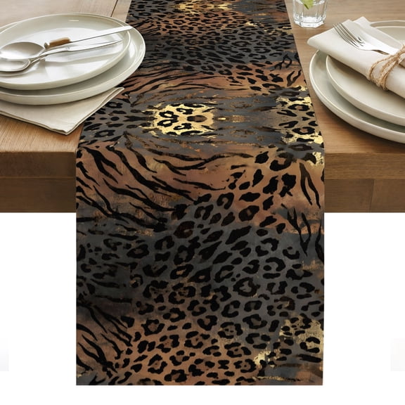 Brown Black Leopard Print Table Runner Vintage Animals Skin Fur Pattern Tablerunners 13 x 36 Inch, Table Decorations Tabletop Scarf for Summer Gathering Holiday Farmhouse Kitchen Dining Decor