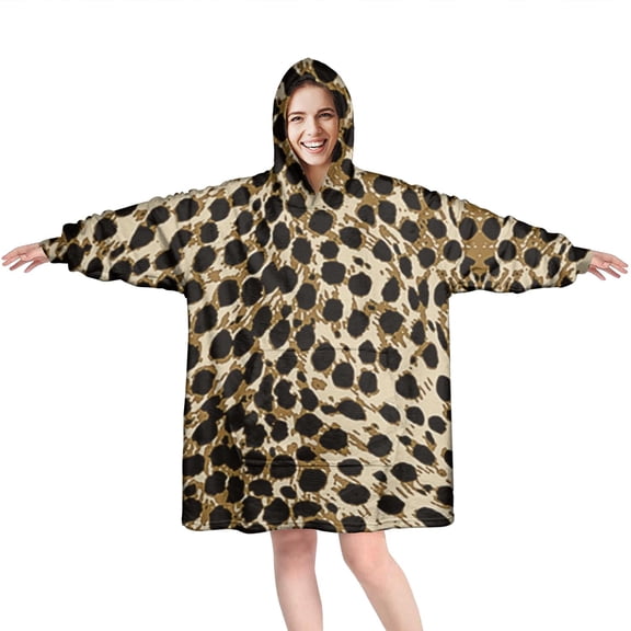 Brown and Black Leopard Print Wearable Oversized Blanket,Wearable Blanket Hoodie for Adults,Cozy Hooded Blankets with Super Pockets,Super Warm Fuzzy Pullover for Women & Men