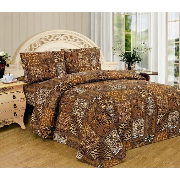 Brown Black Leopard Zebra Queen Size Sheet Set 4 Pc Safari Animal Print Pillow Shams Bedding