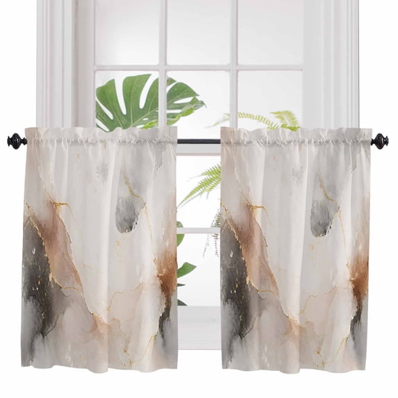 Brown Black Marble 2 Panel Kitchen Curtains for Windows, Abstract Contemporary Modern Ink Painting Bathroom Privacy Curtain, Home Décor Window Treatment for Bedroom/Living Room 55"x45"