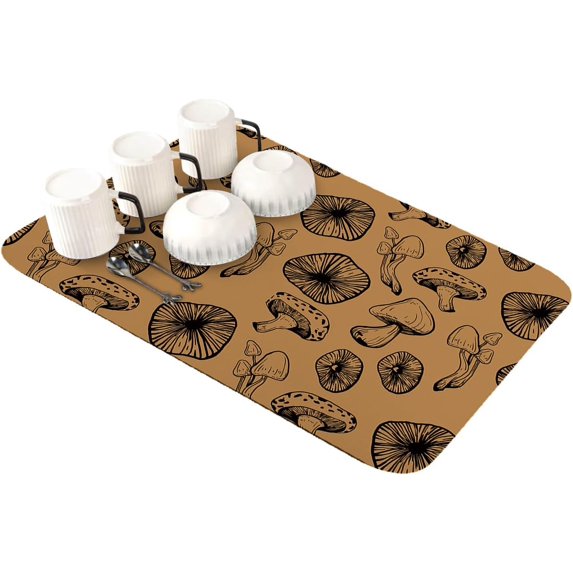 Brown Black Mushroom Dish Drying Mat for Kitchen Counter, Super Absorbent Quick Dry Coffee Bar Mat Pad Thin Diatomaceous Sink Mat Non Slip Dish Drainer Mat 16''''x18'''' Retro Vegetable Botanical