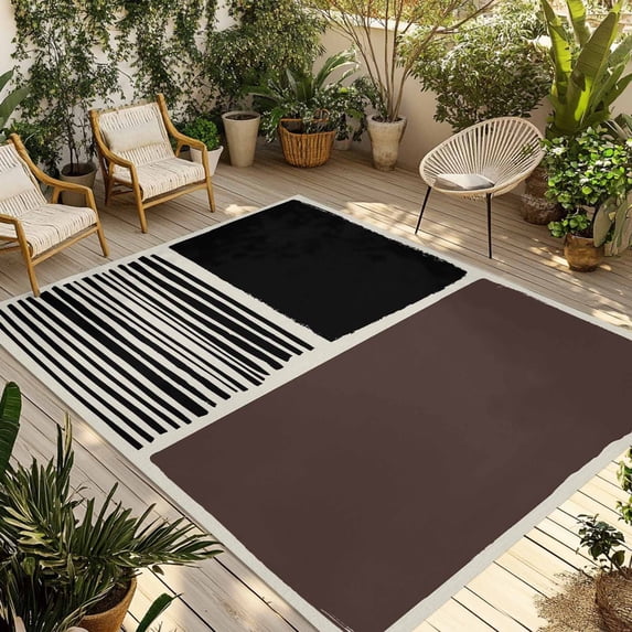 Brown Black Outdoor Rug 5x7 Ft - Reversible Patio Rug Outdoor Camping Rugs, Modern Abstract Art Farmhouse Striped Washable Indoor Outdoor Area Rugs, Non-Slip Outdoor Carpet Runner for Deck/Porch