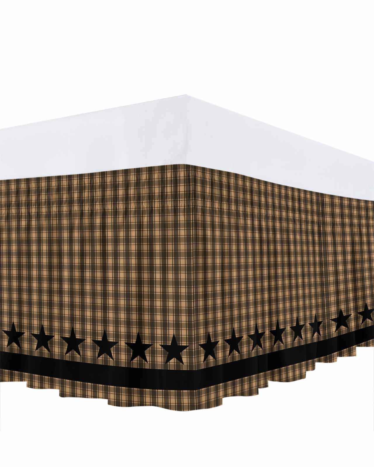 Brown Black Plaid Bed Skirt Queen Size, Vintage Rustic Star Buffalo Check Wrap Around Bed Skirting with Adjustable Elastic Strap, Dust Ruffle Pleated Bedskirts 16 Inch Drop for Bedroom Queen Beds
