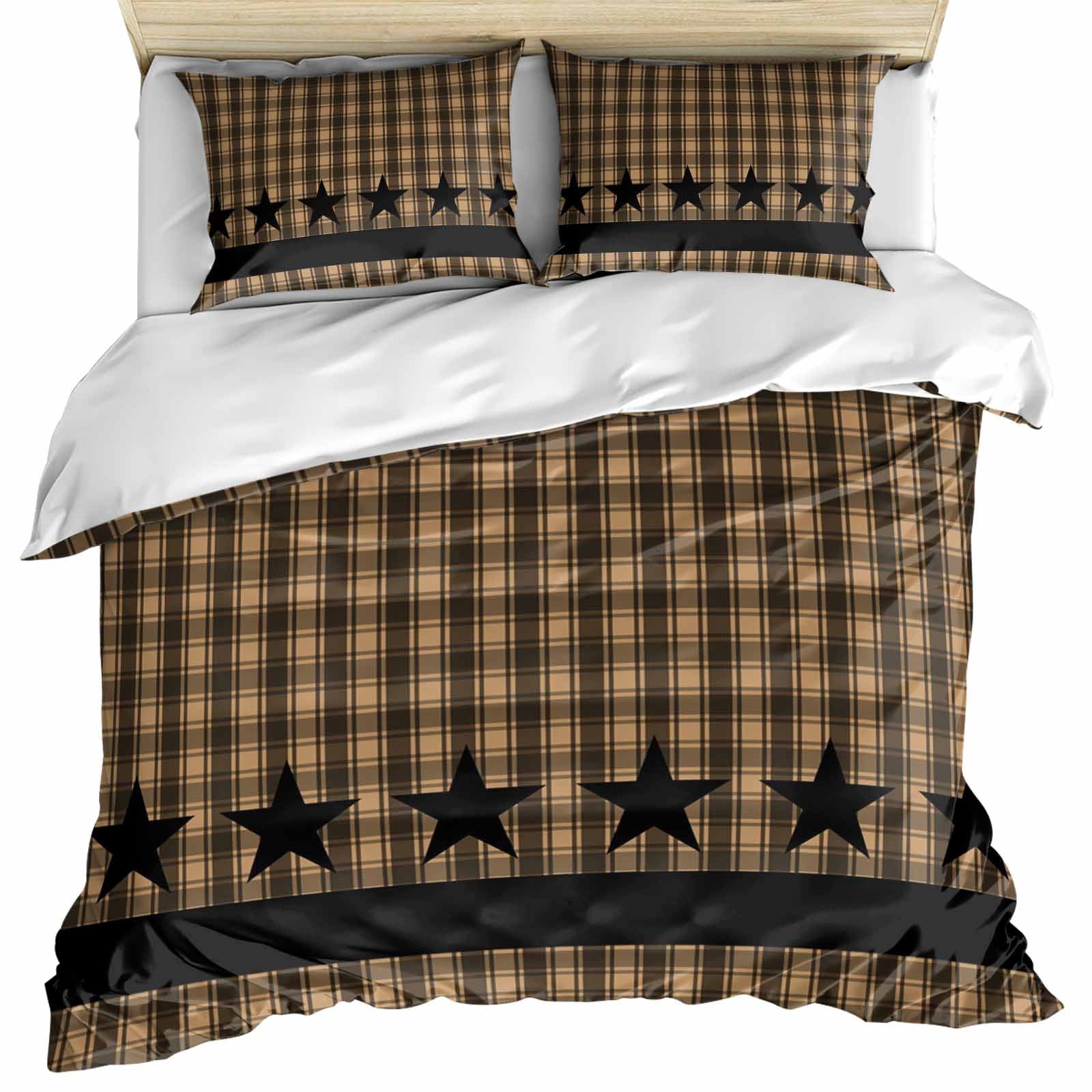 Brown Black Plaid Bedding 3 Piece Duvet Cover Set California King, Vintage Rustic Star Buffalo Check Soft Microfiber Comforter Cover with Zipper Closure & Pillowcases, FadeResistant Quilt Cover
