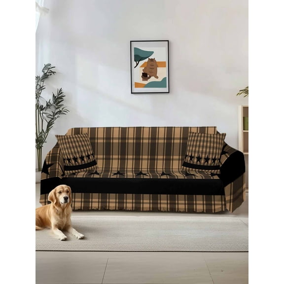 Brown Black Plaid Couch Cover, Vintage Rustic Star Buffalo Check Oversized Sofa Cover Blanket for 3 Cushion Couch, Sectional Sofa Slipcover Furniture Protector for Living Room Bedroom 71''x150''