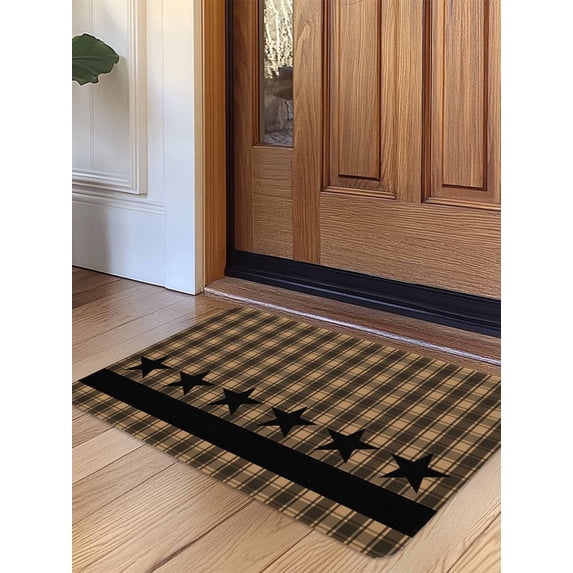 Brown Black Plaid Door Mat Indoor Outdoor Entrance, Non Slip Rug for Kitchen Bathroom Entryway Rug, Vintage Rustic Star Buffalo Check Washable Doormat Floor Mat for Office Home Decor 24x36 Inch