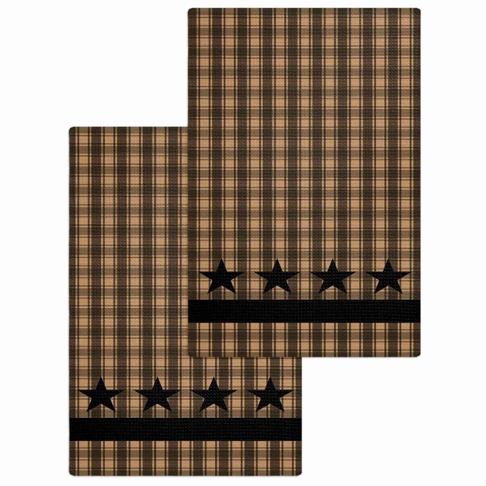 Brown Black Plaid Hand Towels Set, Waffle Weave Kitchen Towels 2 Pieces, Vintage Rustic Star Buffalo Check Microfiber Hair Face Bath Tea Towel Absorbent Quick Drying Cleaning Dish Cloths 15.7"x23.6"