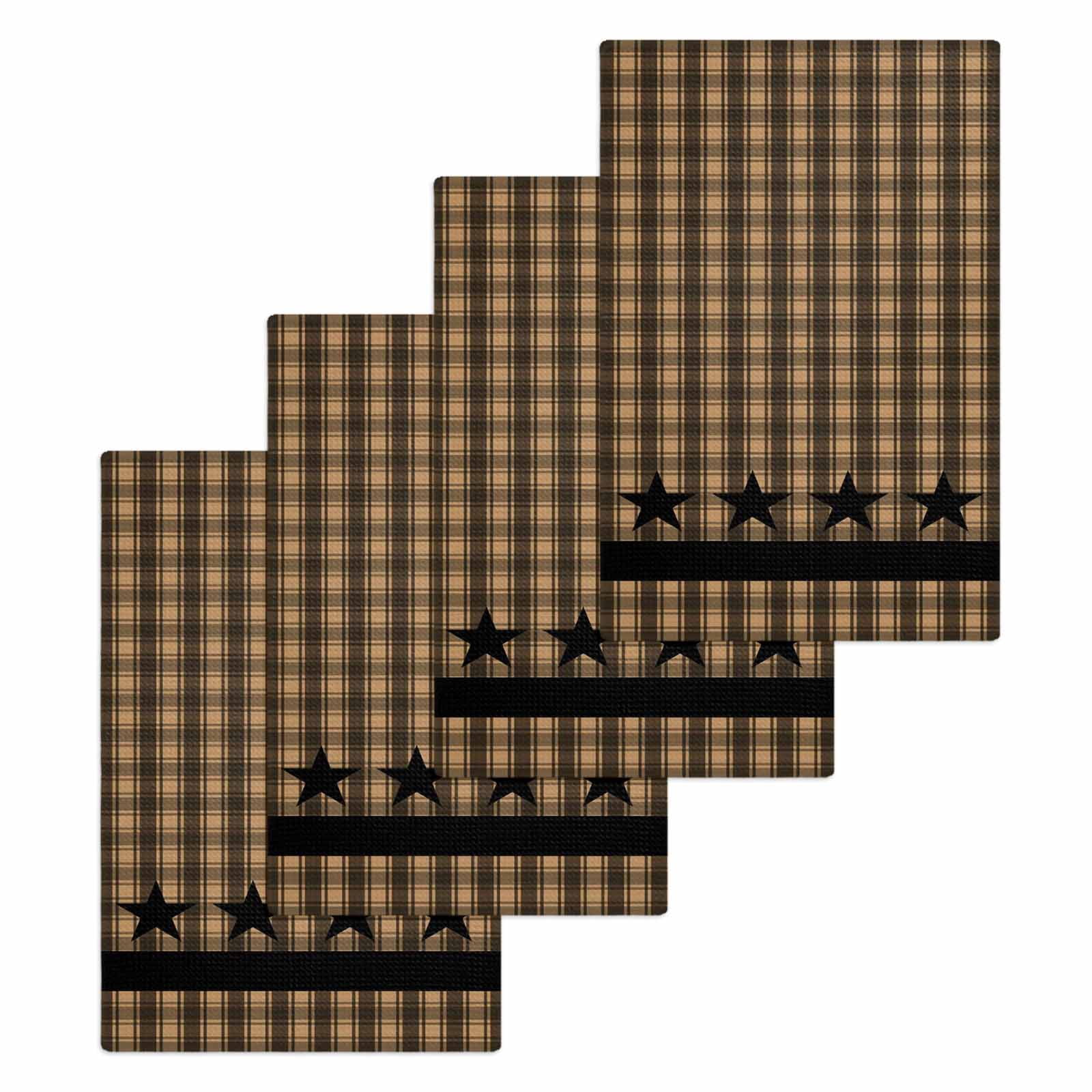 Brown Black Plaid Hand Towels Set, Waffle Weave Kitchen Towels 4 Pieces, Vintage Rustic Star Buffalo Check Microfiber Hair Face Bath Tea Towel Absorbent Quick Drying Cleaning Dish Cloths 15.7"x23.6"
