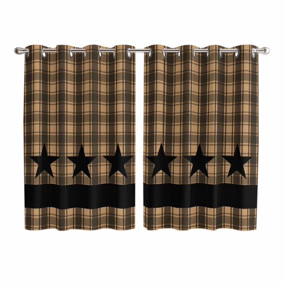 Brown Black Plaid Kitchen Curtains 72 Inch Length, Vintage Rustic Star Buffalo Check Grommet Top Bedroom Living Room Curtains, Light Filtering Cafe Curtain Drapes 2 Panels Set 104''x72''