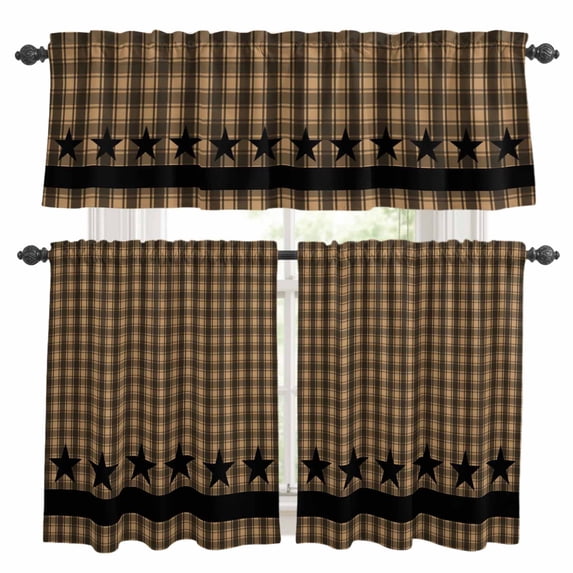 Brown Black Plaid Kitchen Curtains Sets for Windows 36 Inch Length, Vintage Rustic Star Buffalo Check Rod Pocket Window Treatments Tier Curtains and Valances Set for Bedroom/Bathroom