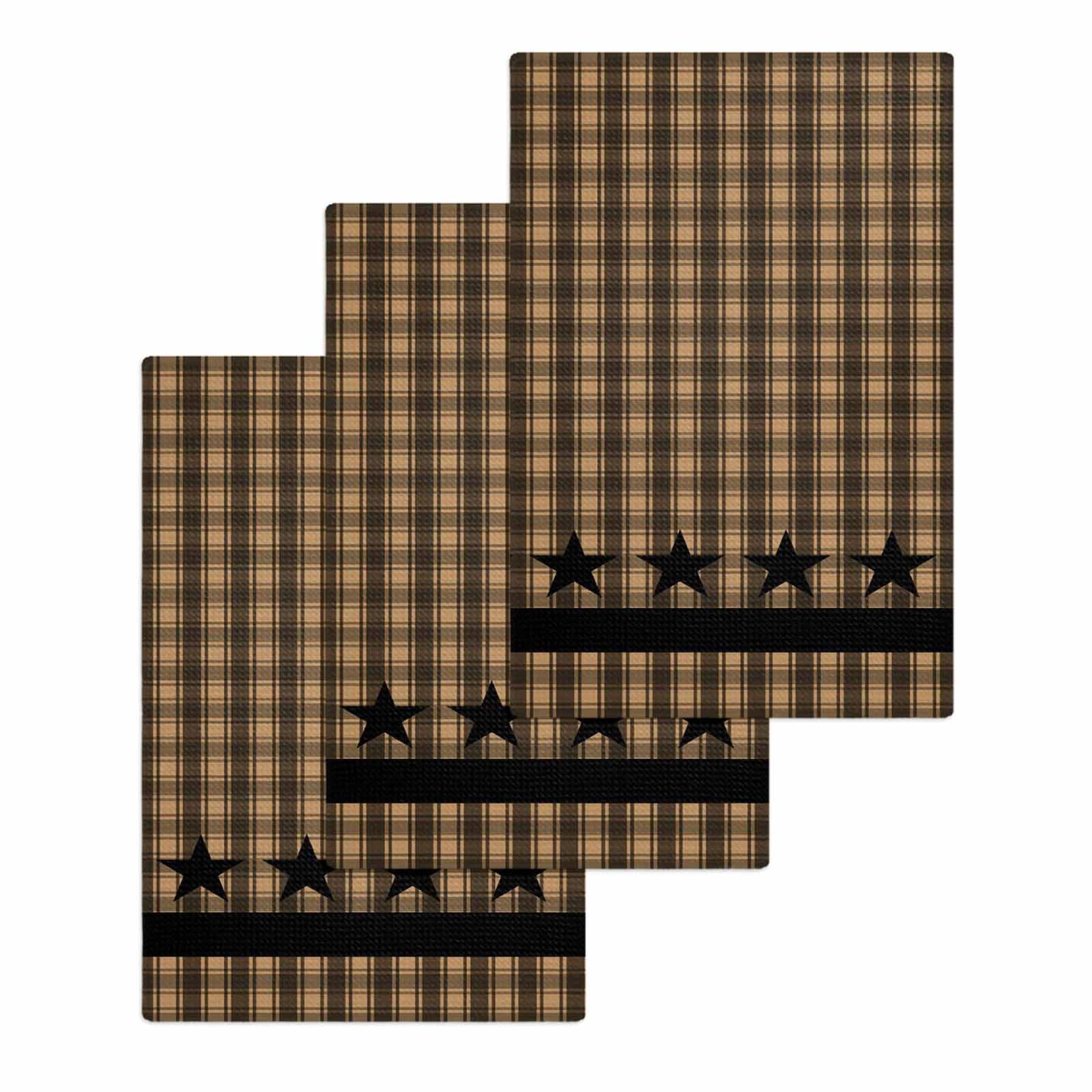 Brown Black Plaid Kitchen Dish Towels for Drying Dishes Set of 3, Vintage Rustic Star Buffalo Check Waffle Weave Microfiber Hand Tea Bathroom Towels Quick Dry & Absorbent Towel 15.7x23.6