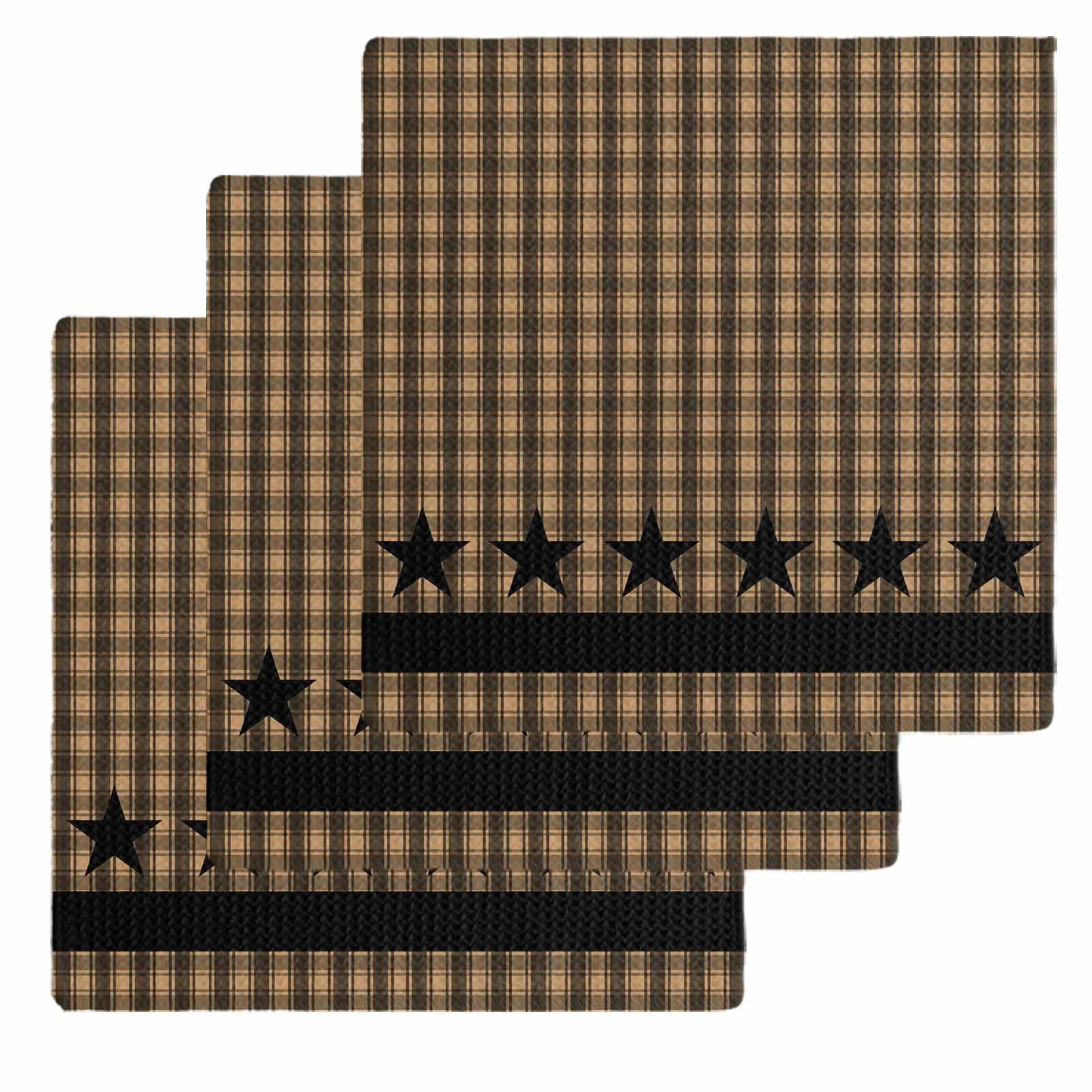 Brown Black Plaid Kitchen Dish Towels for Drying Dishes Set of 3, Vintage Rustic Star Buffalo Check Waffle Weave Microfiber Hand Tea Bathroom Towels Quick Dry & Absorbent Towel 12x12
