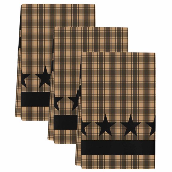 Brown Black Plaid Kitchen Towels Set of 3, Vintage Rustic Star Buffalo Check Soft Microfiber Dish Towels, Absorbent Quick-Dry Washable Dishcloths for Kitchen Cleaning, Drying Dishes, 18x28 Inches