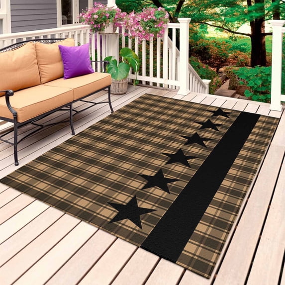Brown Black Plaid Outdoor Rug for Patio/Deck/Porch, Non-Slip Large Area Rug 3 x 5 Ft, Vintage Rustic Star Buffalo Check Indoor Outdoor Rugs Washable Area Rugs, Reversible Camping Rug Carpet Runner