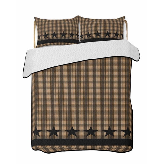 Brown Black Plaid Summer Quilt Set Twin XL Size,Soft Microfiber Quilted Bedding Set with 2 Pillow Shams,Vintage Rustic Star Buffalo Check Lightweight All Season Bedspread Coverlet for Bedroom 68"x98"