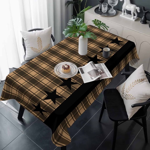 Brown Black Plaid Table Cloth Waterproof Tablecloths, Vintage Rustic Star Buffalo Check Tablecloth Dining Table Cover for Kitchen Party Tabletop Outdoor, Rectangle Tablecloth 60x120 Inch