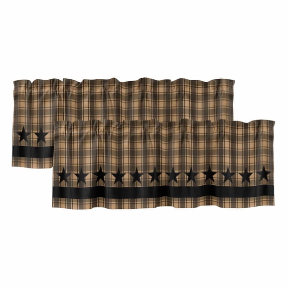 Brown Black Plaid Valances for Windows, Vintage Rustic Star Buffalo Check Light Filtering Kitchen Curtains, Rod Pocket Window Valance Curtains for Living Room Bedroom, 54" W x 18" L, 2 Panels