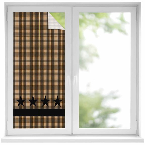 Brown Black Plaid Window Privacy Film, Vintage Rustic Star Buffalo Check Static Cling UV Sun Blocking Heat Control Window Tint Day and Night, Non-Adhesive One Way Windows Privacy Cover 19.6''x39.3''