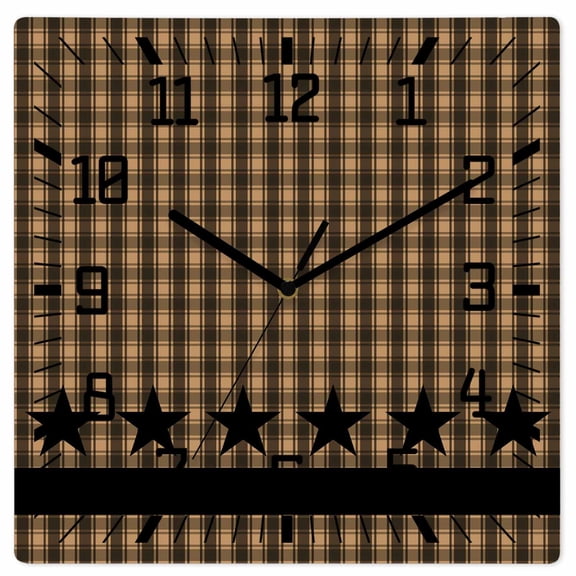 Brown Black Plaid Wooden Wall Clock Silent Non Ticking, Vintage Rustic Star Buffalo Check Square Wall Clocks Battery Operated, Decor Clock for Home Office, Living Room, Kitchen, 12 Inch