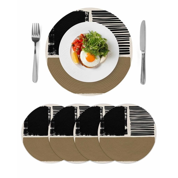Brown Black Round 15 Inch Placemats Set of 4, Farmhouse Striped Modern Abstract Art HeatResistant Non Slip Place Mats for Dining Table, Wipeable Braided Kitchen Table Mats for Housewarming