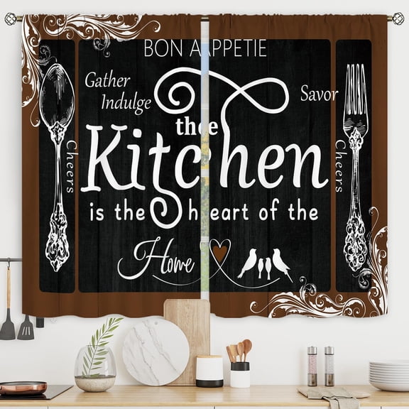 Brown Black Rustic Kitchen Curtains Short Small Farm Country Farmhouse Rod Pocket Fork and Spoon Kitchenware Bedroom Living Room Treatment Fabric 2 Panels 27.5Wx39H Inch