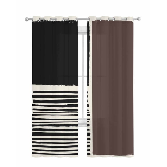 Brown Black Sheer Curtains 63 Inch Length 2 Panels Set for Living Room/Bedroom, Modern Abstract Art Farmhouse Striped Kitchen Curtains Grommet Semi-Sheer Curtains Drapes Window Treatments 42"x63"x2