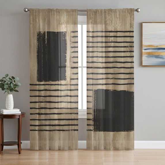 Brown Black Sheer Curtains 72 Inch Length 2 Panels Set, Modern Abstract Striped Art Vintage Voile Window Treatment Rod Pocket Curtains Sheers Drapes for Bedroom/Living Room/Kitchen 52"x72"x2