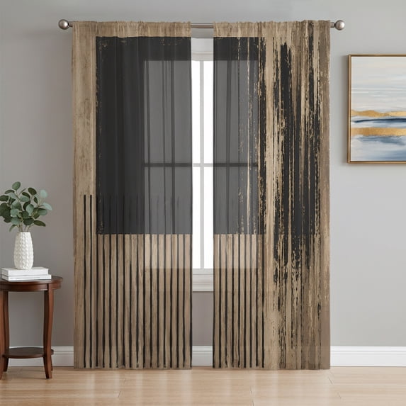 Brown Black Sheer Curtains 96 Inch Length 2 Panels Set, Modern Abstract Striped Vintage Geometric Voile Window Treatment Semi Sheer Long Curtains Drapes for Bedroom/Living Room/Kitchen 52"x96"x2