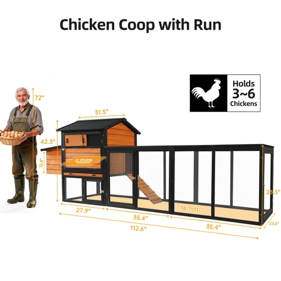Brown & Black Solid Wood Chicken Coop with Run & Nesting Box, Anti-UV Waterproof Outdoor Hen House, Predator Secure Poultry Cage, Multi-Use Rabbit Hutch with Lift Top for Egg Collection