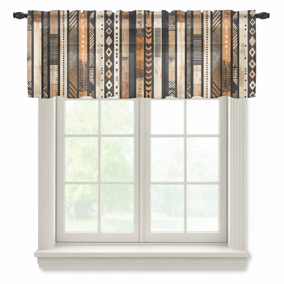 Brown Black Striped Semi Sheer Valance Curtains Vintage National Style Bohemian Geometric Voile Valances Curtain Rod Pocket Small Window Treatment for Kitchen Bathroom Cafe 54"x18"